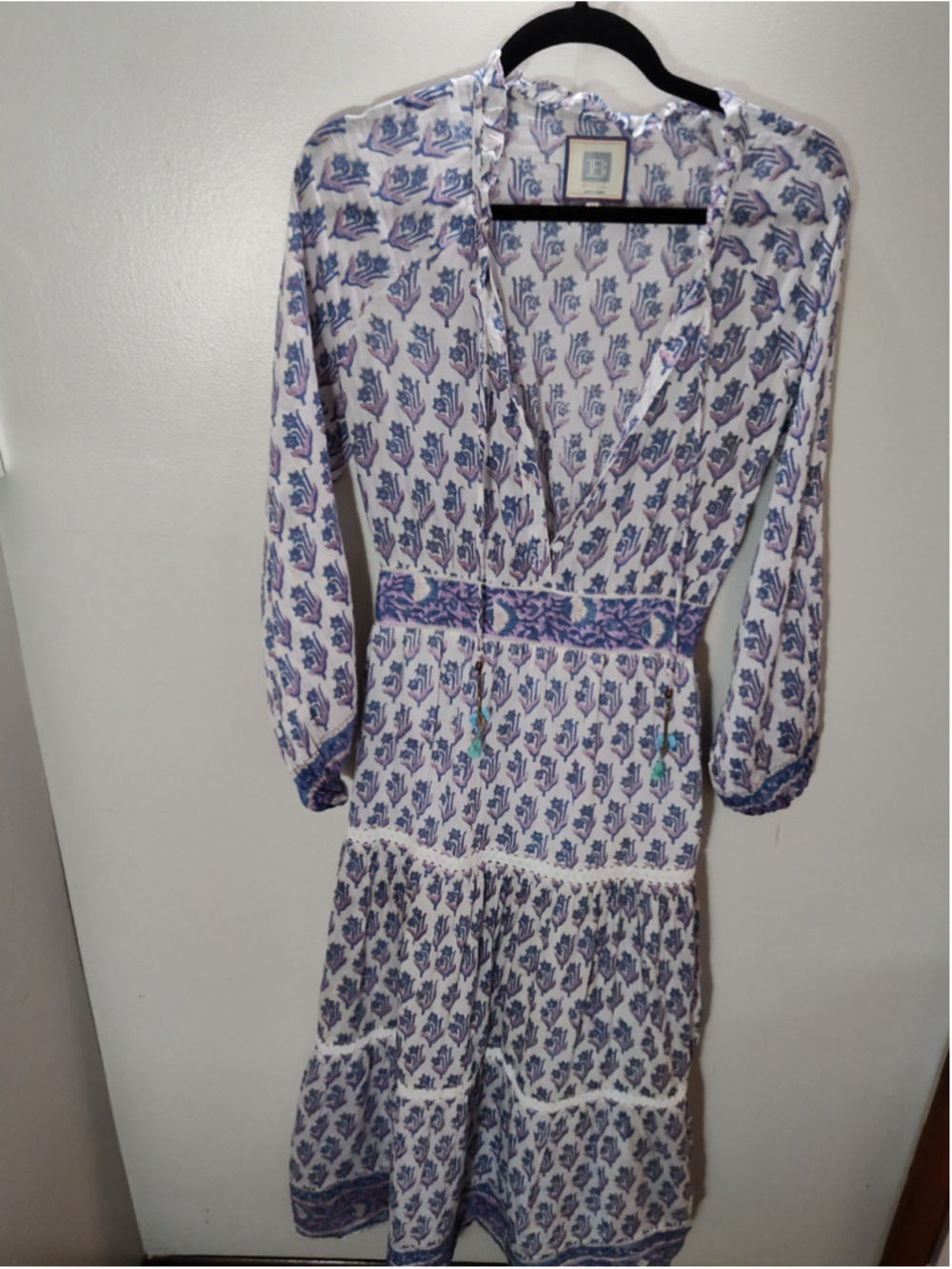 Women's Bell Midi Dress Size M White Blue Floral Print Cotton Silk